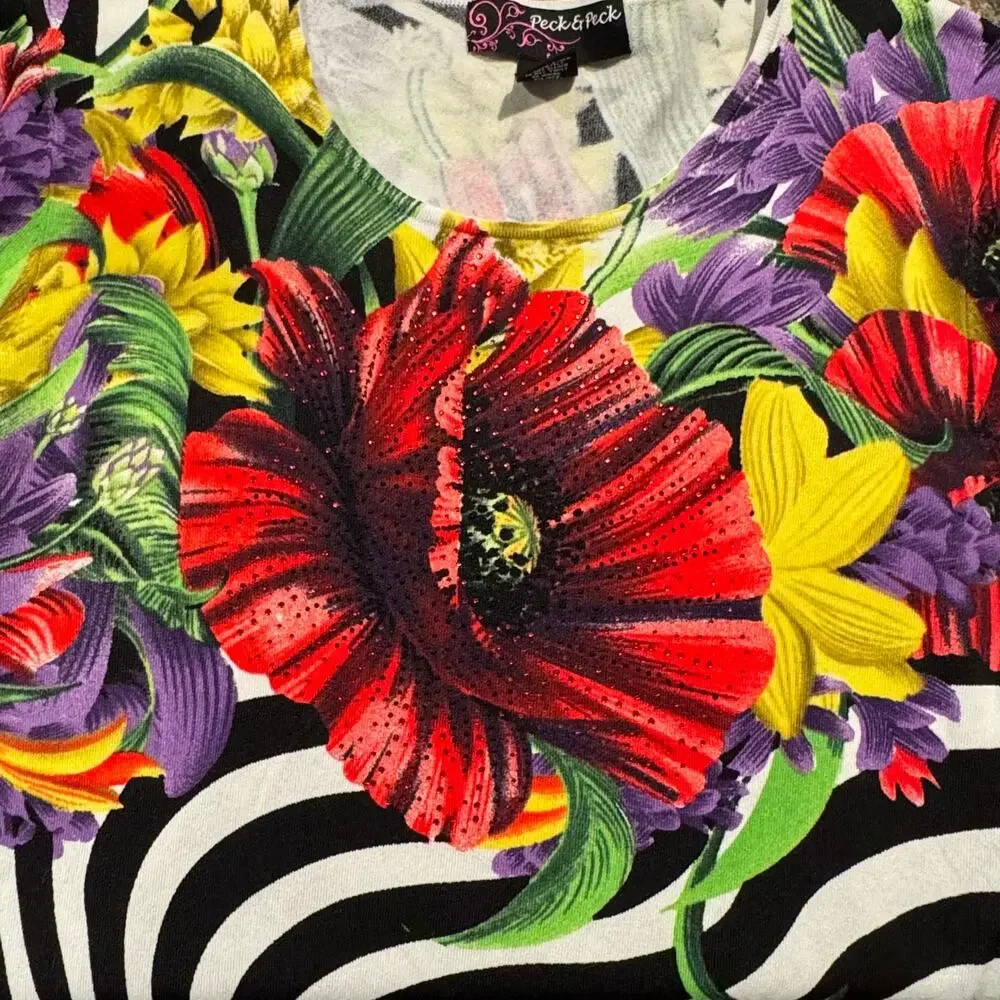 Peck & Peck Top 3/4 Sleeve Slinky Y2K Retro Statement Boho Floral Stripe Large - Picture 5 of 6